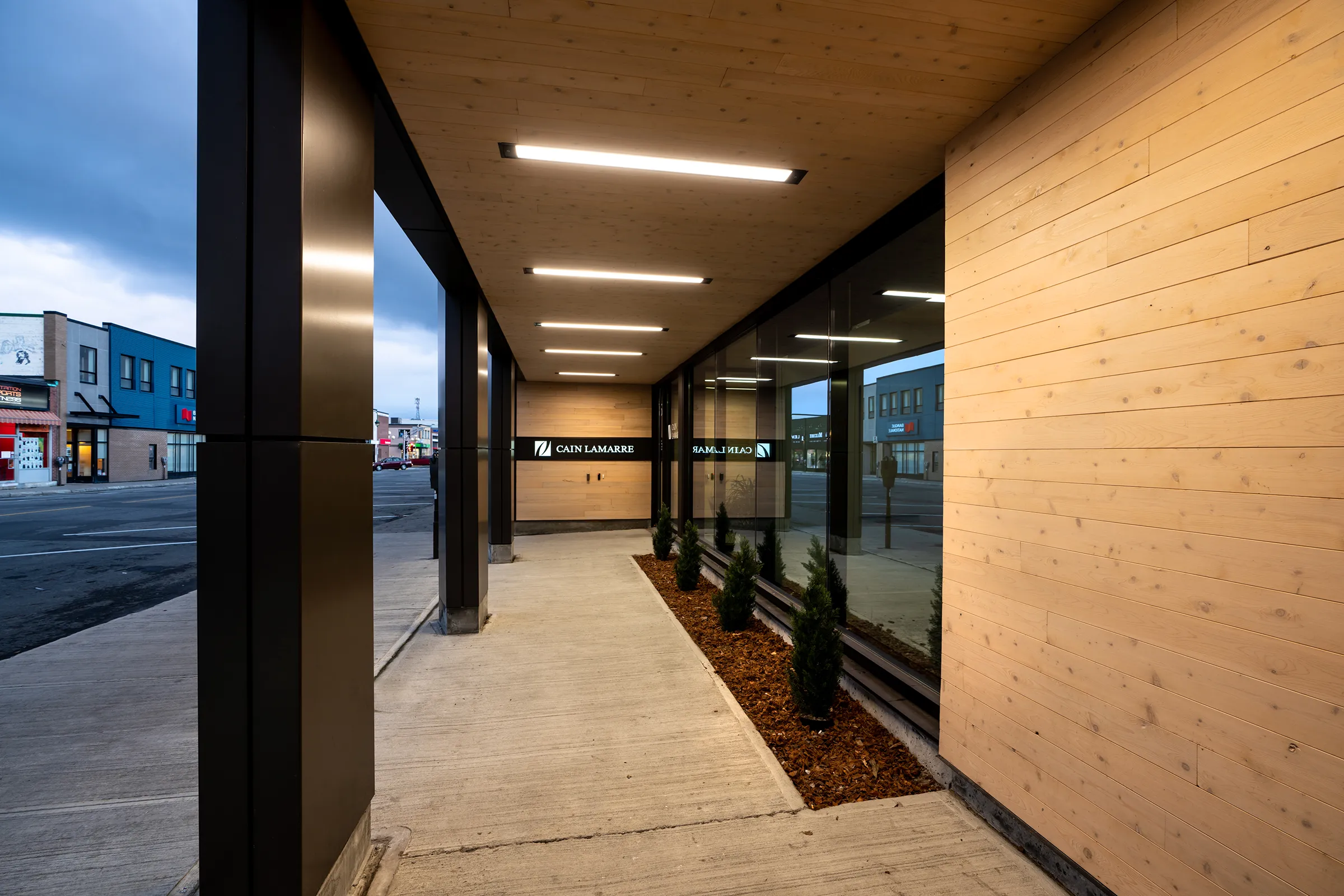 Rendu 3D du porche d'entrée des bureaux de Cain Lamarre