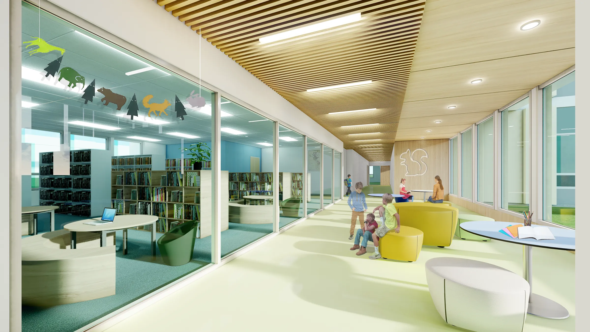 Rendu architectural 3D de l'intérieur d'une école primaire